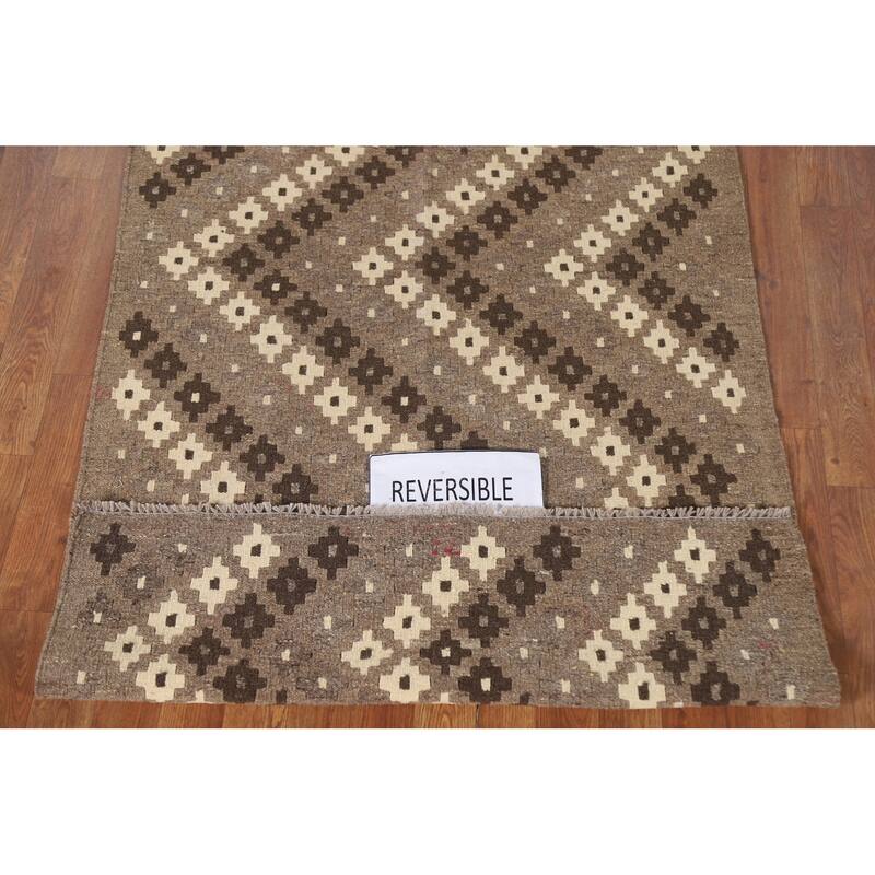 Brown Geometric Kilim Oriental Area Rug Flatweave Wool Carpet - 3'5"x 4'11"