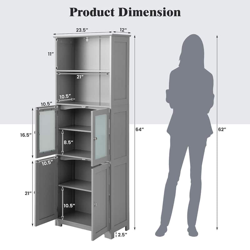 Gymax Bathroom Tall Storage Cabinet Linen Tower w/ Glass Door &