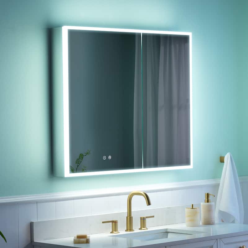 30'' H Recessed or Surface Frameless LED Mirror Cabinet With Defogger, Dimmer, Outlets & USB Ports 