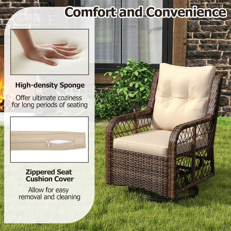 3 Piece Mix Brown Rattan Metal Swivel Chairs with Cushions and Glass Side Table - 30" x 26" x 35"