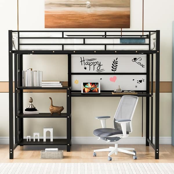 slide 2 of 12, Black Metal Loft Bed wLadder, Shelves, Whiteboard, Desk - Twin Size Black - Twin
