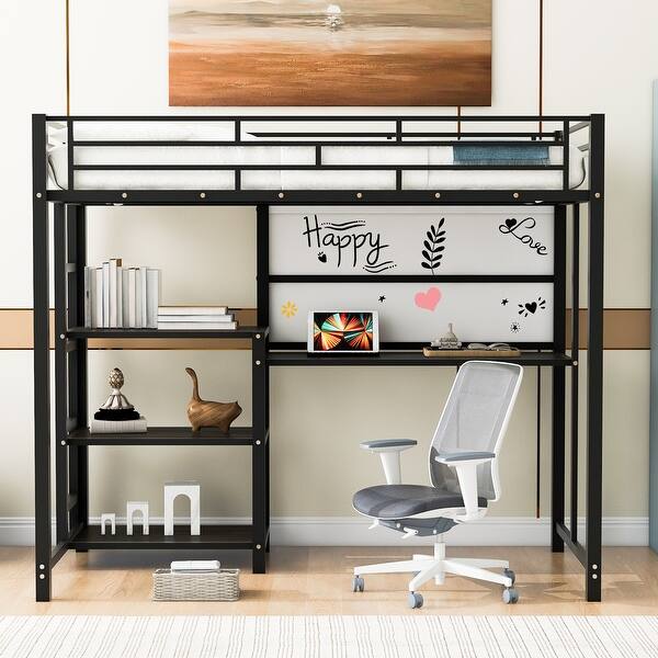 slide 2 of 45, Metal Bed Frame Kids Loft Bed with Desk and Whiteboard, 3 Shelves and Ladder, Metal Slat Support