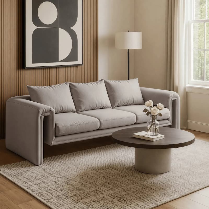 Ely Three-Seater Sofa Upholstered in Linen with Iron Frame and Removable Cushions