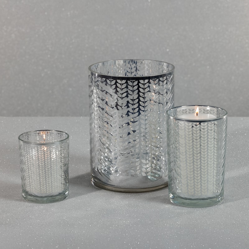 Laser-Etched Metallic Glass Hurricane Candle Holders, Set of 2