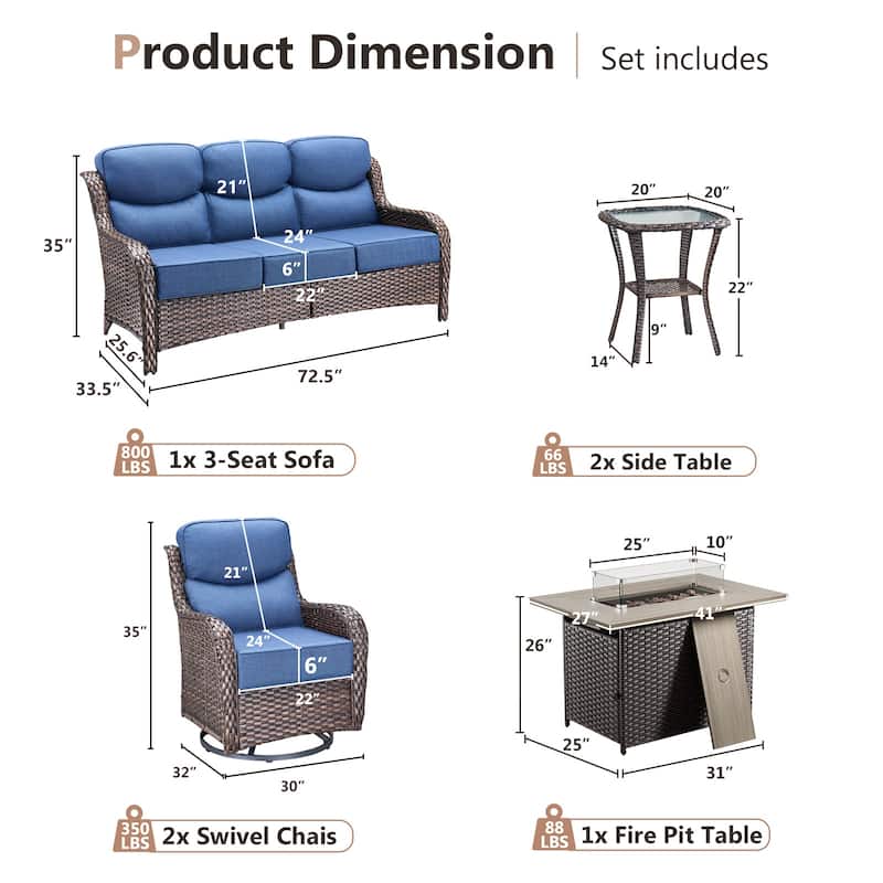 Pocassy Outdoor 6 Inch Sofa Chair Ottoman with Fire Pit Table Set