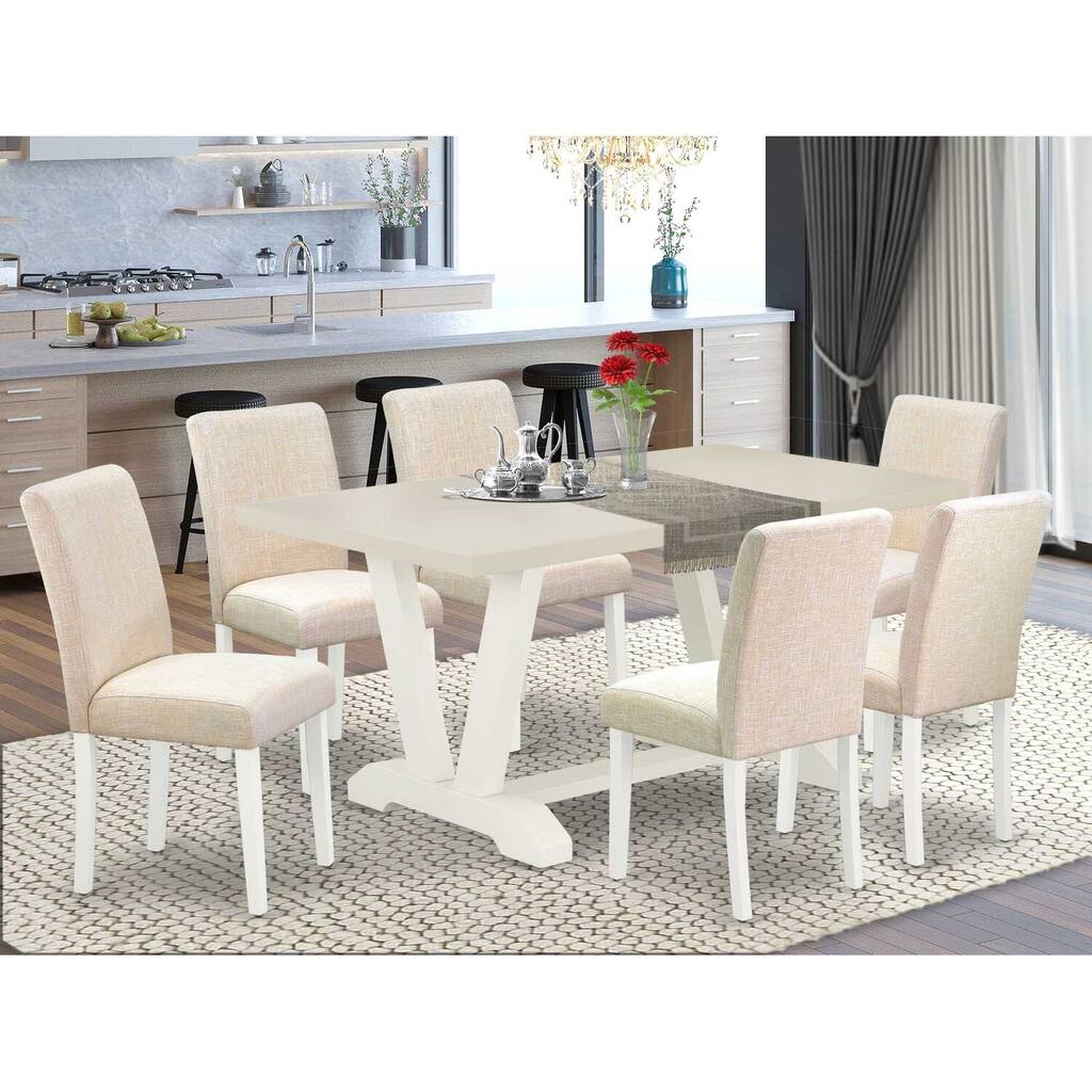 HomeStock 7-Pc Rectangle Natural Oak Finish Solid Wood Top Dining Table with 6 Parson Chairs
