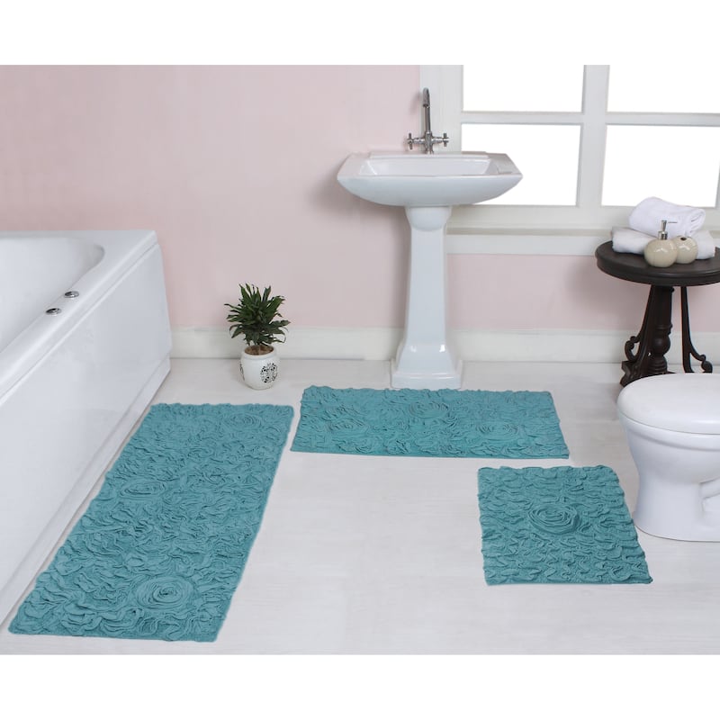 Bell Flower Collection 100% Cotton Non-Slip Bathroom Rug Set, Machine Washable Bath Rug, 3 Piece Set with Runner Rug - Blue
