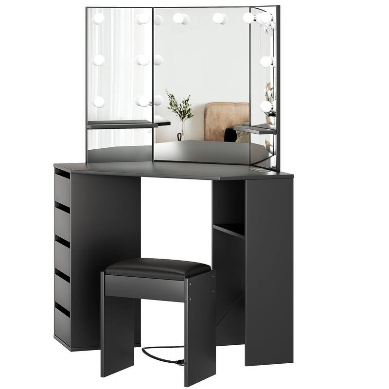 Corner Makeup Vanity Desk with Mirror and Lights