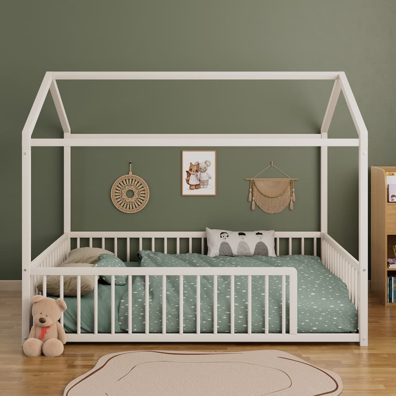 Montessori Metal House Bed with Low Entry & 3-Side Fence by Harper&Bright Designs