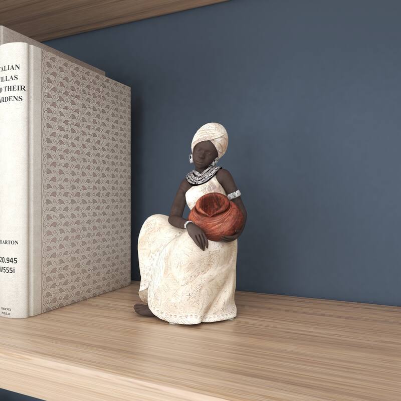 Polystone Woman Sitting African Decorative Sculpture with Red Water Pot - Cream - Roche River Decor