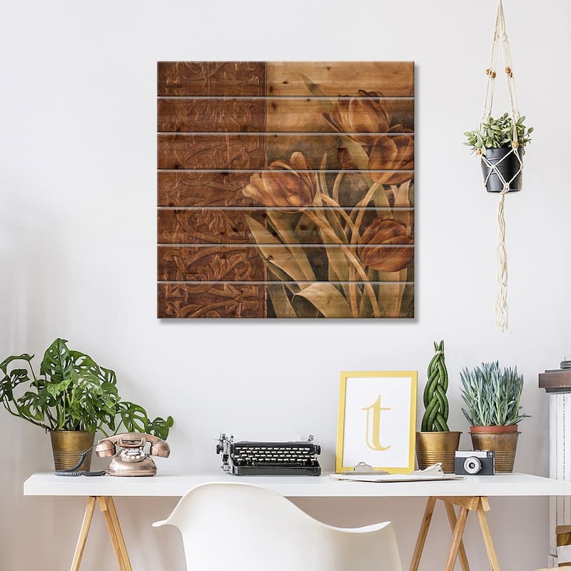 Copper Tulips I Print On Wood by Linda Thompson - Multi-Color