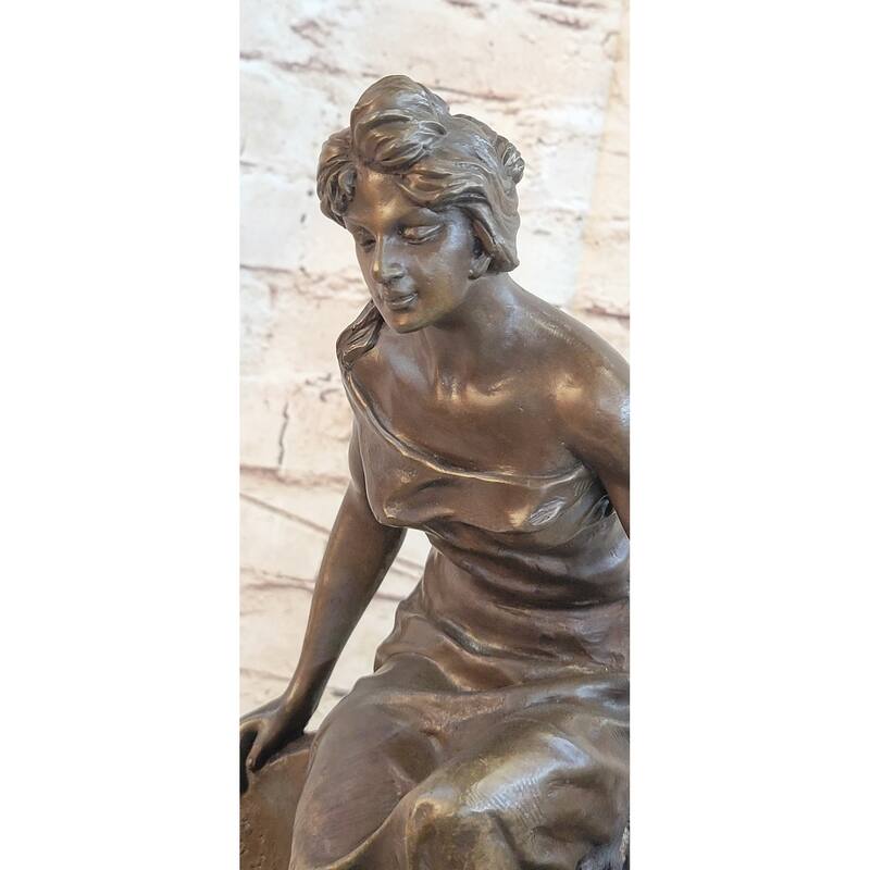 Classical Woman Sitting On A Rock Wall Bronze Sculpture Statue Figure On Marble Base