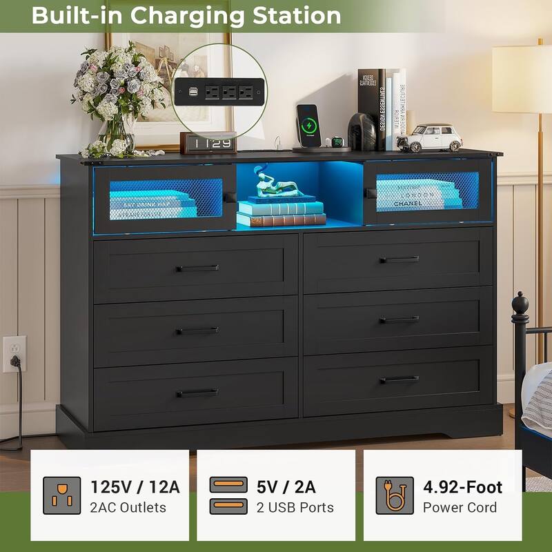 6 Drawers Dresser LED Charging Station Farmhouse Chest of Drawers