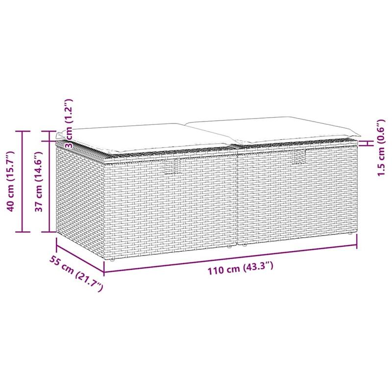 vidaXL Patio Sofa Set with Cushions Modular Stools 2 Piece Poly Rattan Acacia - 21.7 x 21.7 x 14.6