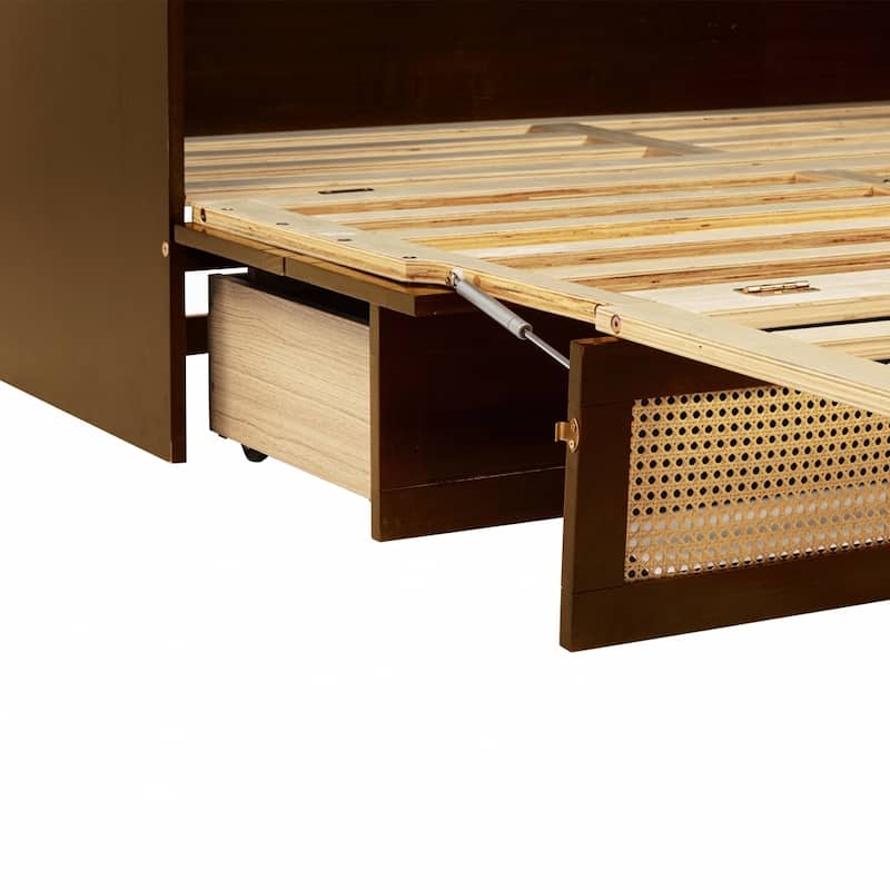 Pine Wood Cabinet Bed with Rattan Decoration and Storage Drawer
