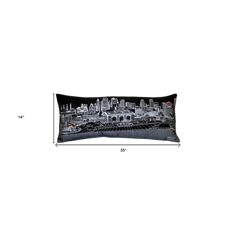 HomeRoots 35" Black Kansas City Nighttime Skyline Lumbar Decorative Pillow