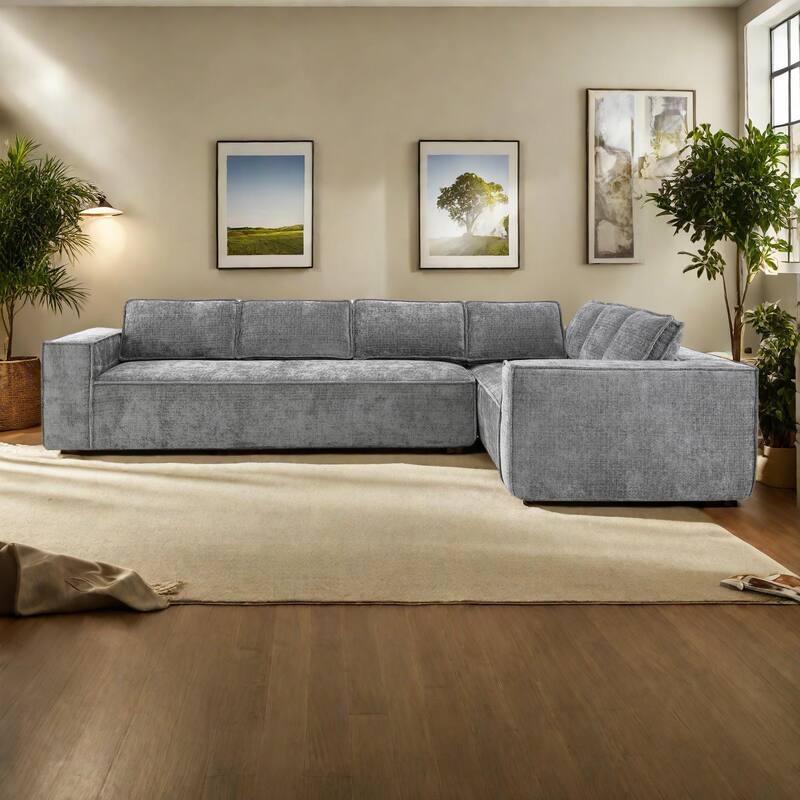 129.5" Chenille Modular Sectional Sofa with Wrinkle-Resistant Fabric, 6-Seater L-Shaped Cloud Couch, No Assembly Required - Green