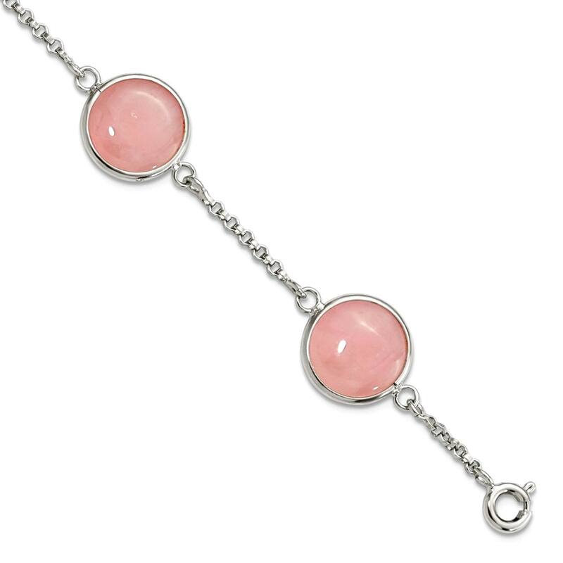 Curata 925 Sterling Silver 7.5" Opaque Bezel Rose Quartz Station Bracelet