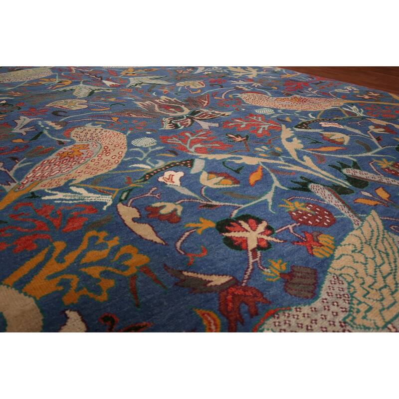 Animals Design Blue Ziegler Oriental Area Rug Hand-Knotted Wool Carpet - 9'11" x 13'8"