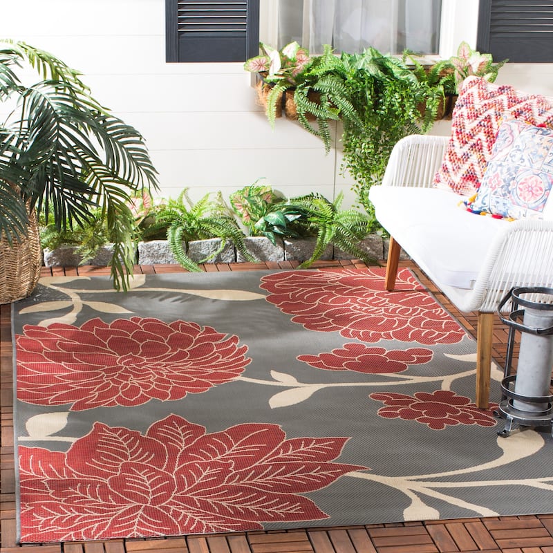 SAFAVIEH Courtyard Alison Floral Indoor/ Outdoor Patio Backyard Rug - 2'7" x 5' - Anthracite/Red