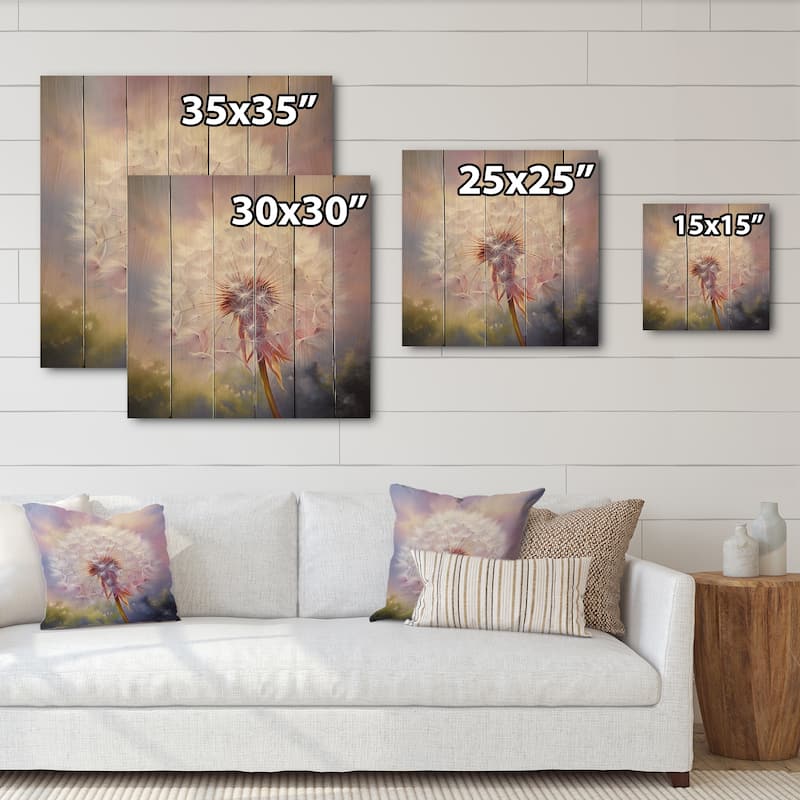 Designart "Purple Dandelion Romantic Impression II" Landscapes Print on Natural Pine Wood