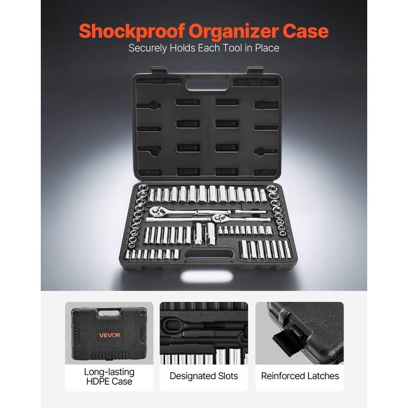 69-Piece Socket Set with Ratchet 3/8 and 1/4 Drive CR-V Steel Chrome Plated Mechanics Tool Kit - 14.96 x 10.83 x 2.83 in