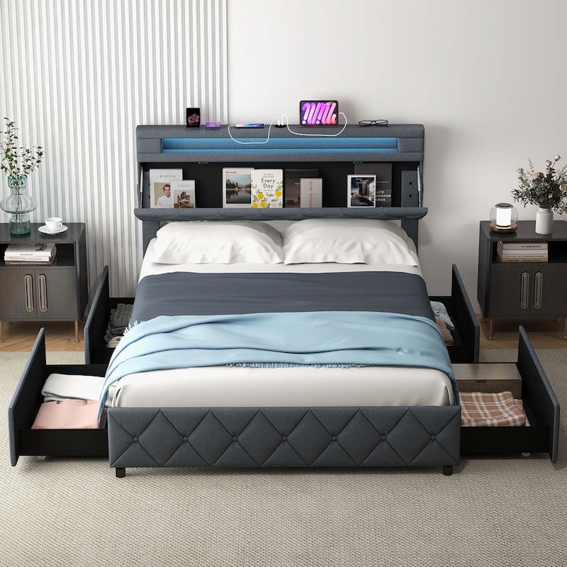 Costway Full/Queen Size Bed Frame with Led Lights & Charging Station &