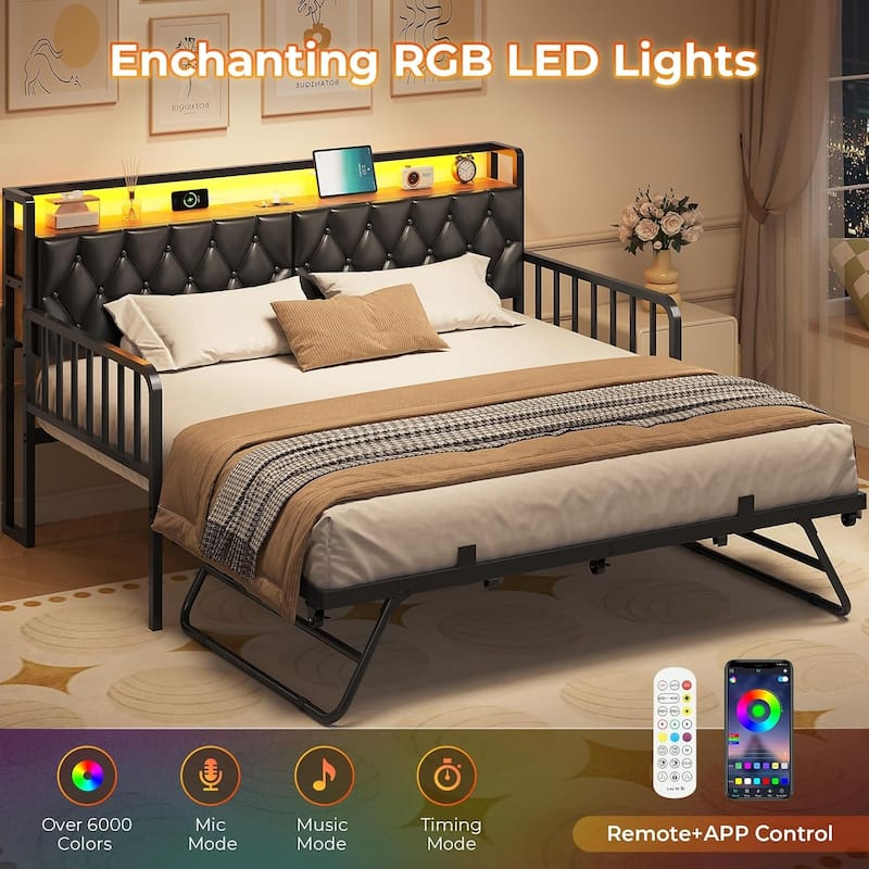 Daybed with Trundle Charging Station LED Lights Storage Headboard