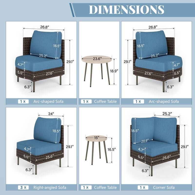 MAISON ARTS 8-Piece Outdoor Sectional Sofa Set Wicker Conversation Set with Thick Cushion and 2 Round Table
