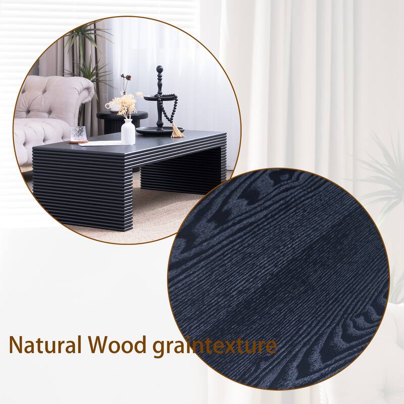 Roomfitters Modern Black Ribbed Coffee Table, 47-Inch Rectangular Center Table with Textured Panels