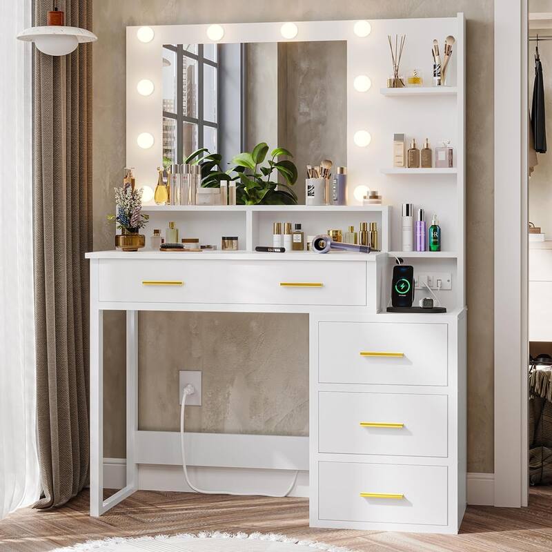 Makeup Vanity Desk 10 Light Bulbs Storage Shelves 5 Drawers