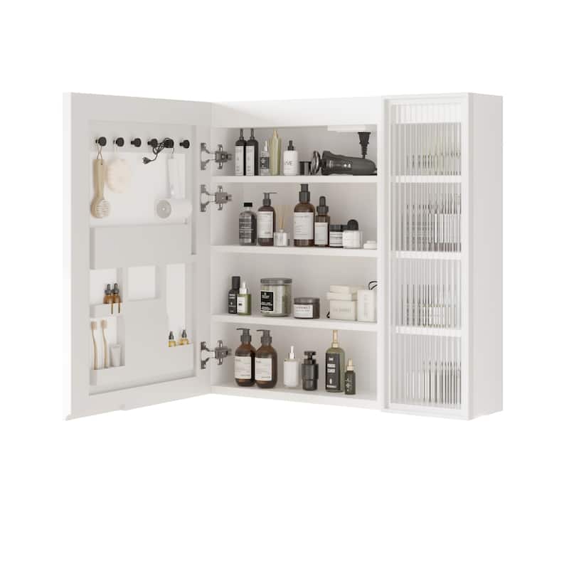 White MDF Bathroom Wall Cabinet with Glass Doors, LED, USB and Shelves - 28.2” L x 6.3” W x 27.6” H - White