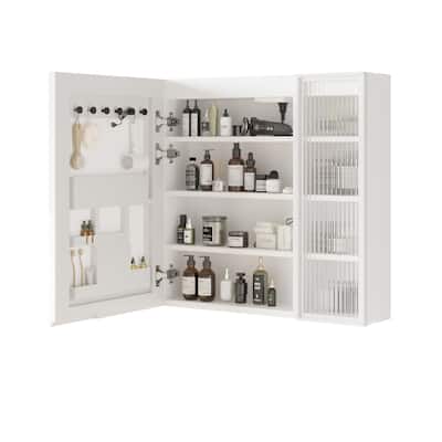 White MDF Bathroom Wall Cabinet with Glass Doors, LED, USB and Shelves - 28.2” L x 6.3” W x 27.6” H