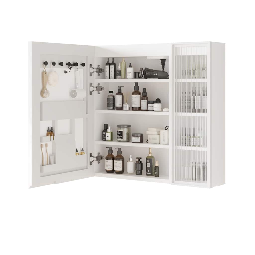 White MDF Bathroom Wall Cabinet with Glass Doors, LED, USB and Shelves - 28.2” L x 6.3” W x 27.6” H