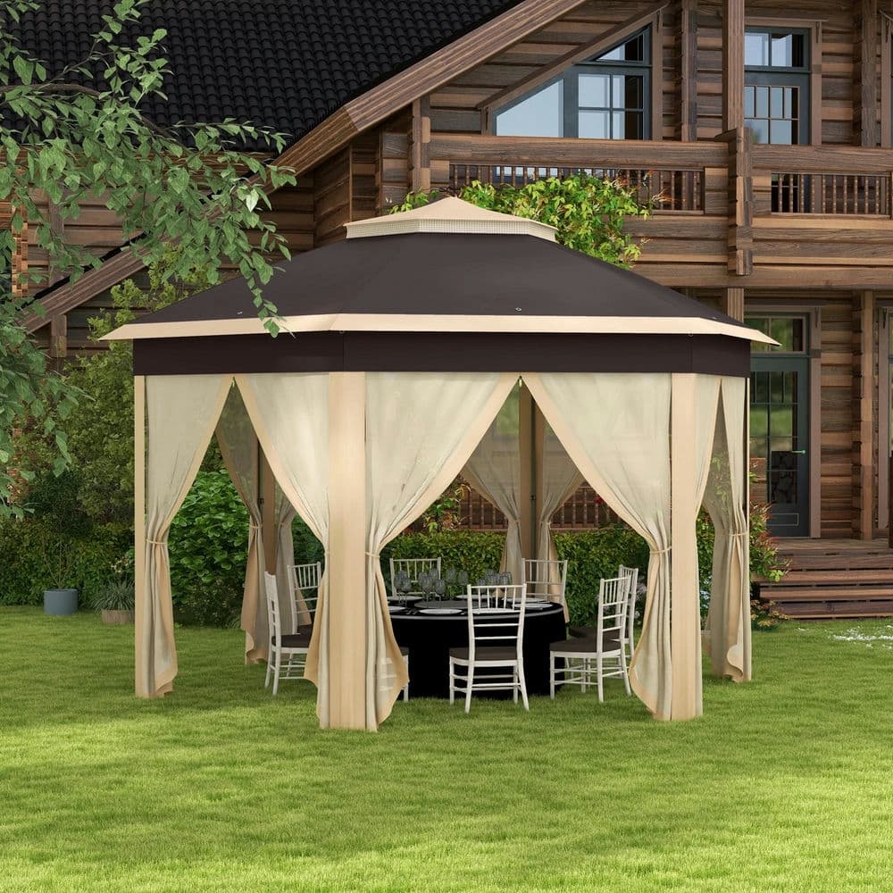 13'x13' Pop Up Gazebo Hexagonal Canopy Shelter,6 Zippered Mesh Netting