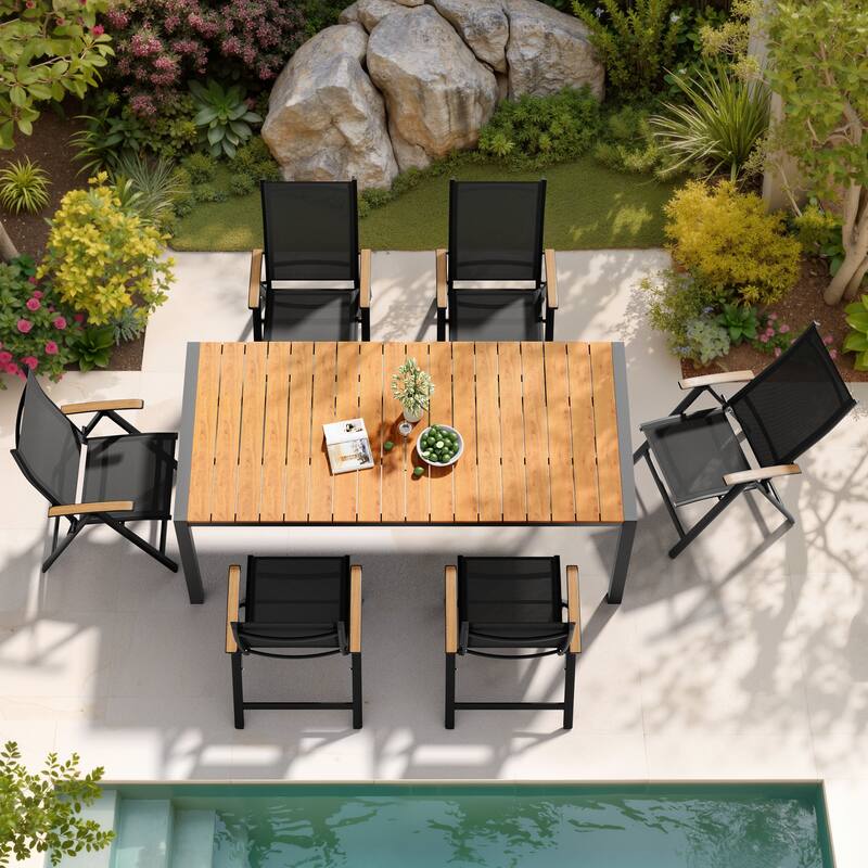 Set of 7 Outdoor Patio Dining Set WoodLike Table Top Aluminum Umbrella Hole Table with Folding Chairs - Brown