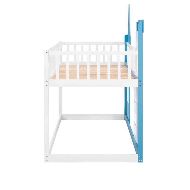 Twin Over Twin Castle Bunk Bed Wooden Support Equipped with Ladders, Windows, and Safety