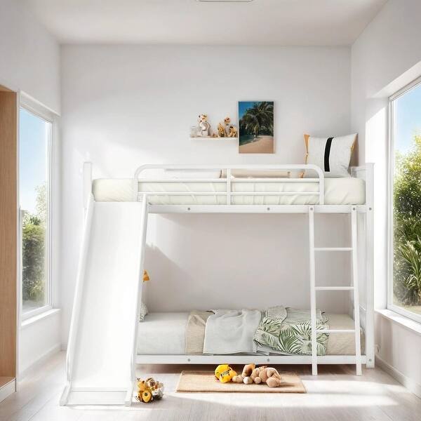 slide 2 of 18, Kid's Friendly Style Twin over Twin Bunk Bed with Slide, Ladder and Guardrail Modern White