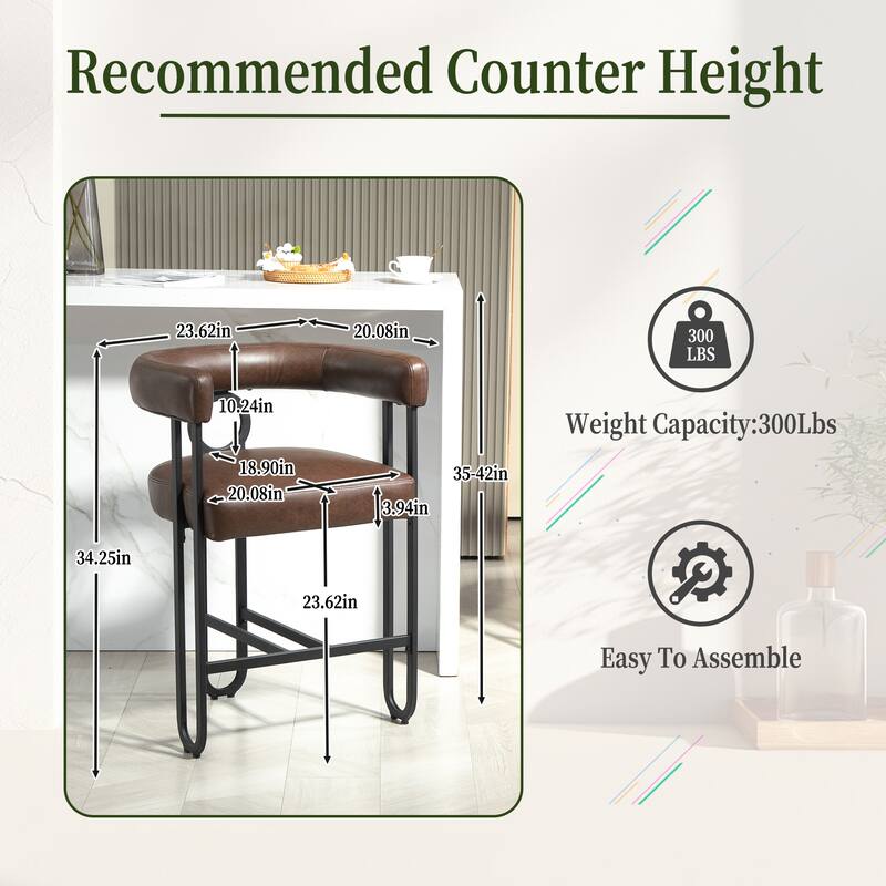 Bar Stools Set of 2, Upholstered Counter Height Stools with Back, Kitchen Island Chairs with Footrest and Metal Frame