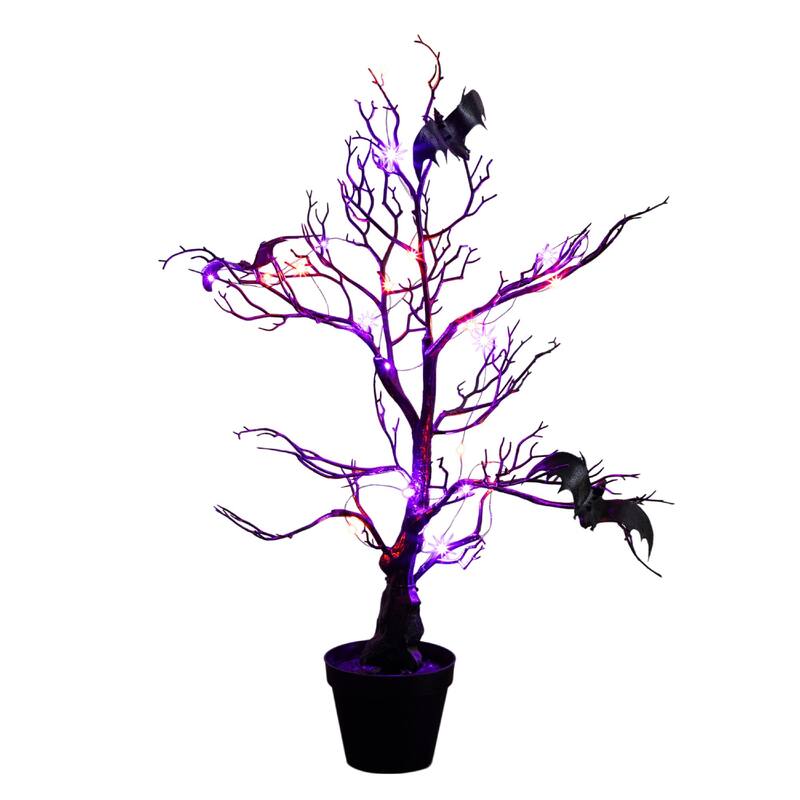 Pre-Lit Bats Artificial Halloween Twig Potted Tree with Bats - 2' - Orange and Purple LED Lights