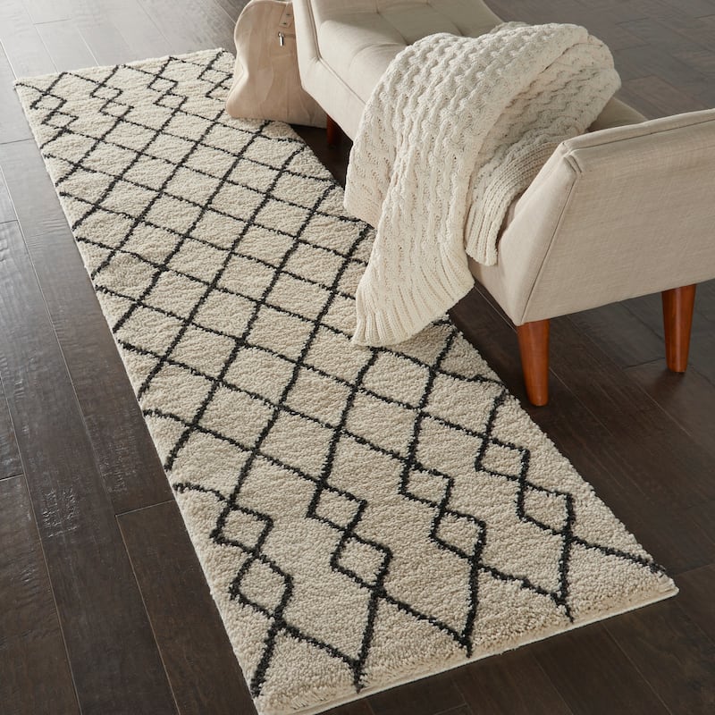 Nourison Geometric Moroccan Boho Shag Area Rug - 2'2" x 7'6" Runner - Ivory/Charcoal