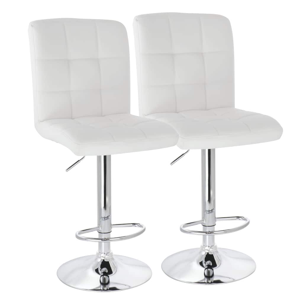 2 Piece Square Tufted Adjustable Bar Stool in White with Chrome Base