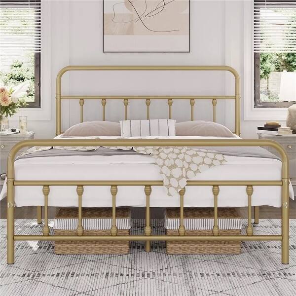 Queen Metal Bed Frame Classic Headboard Footboard Antique Gold - Bed ...
