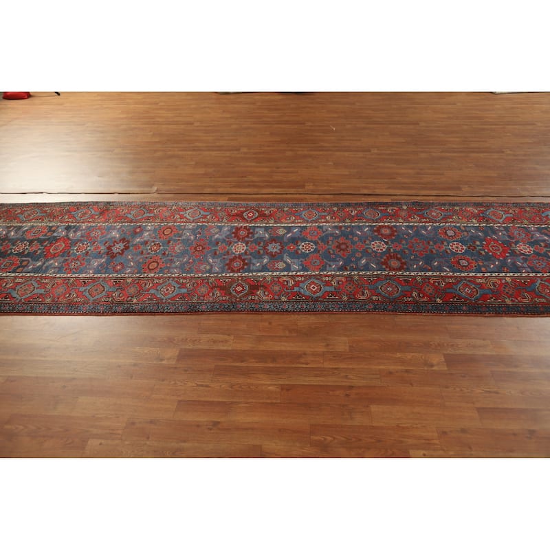 Hand Knotted Oriental 100% Wool Carpet Traditional Geometric Navy Blue & Blues Heriz Runner Rug - 15' 7'' X 3' 5''