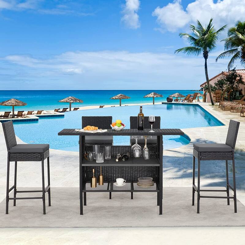 AVAWING 5PCS Patio Bar Set Outdoor Rattan Bar Set with Removable Cushion