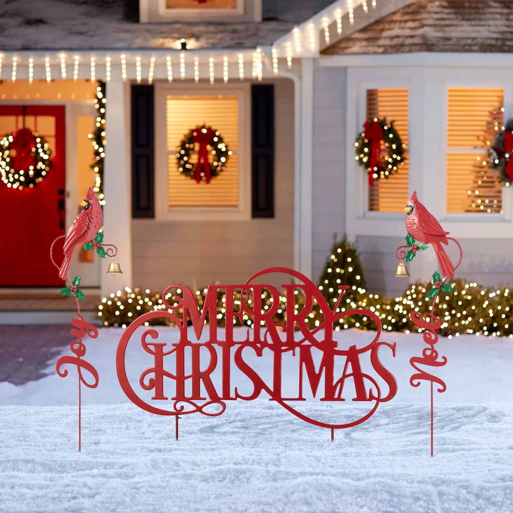 Glitzhome Metal MERRY CHRISTMAS or Cardinal JOY& NOEL with Bell Yard Stake Wall Decor