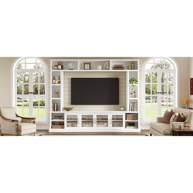 Entertainment Center Wall Unit for TVs up to 80", All-in-One TV Stand Glass Doors Storage Cabinet Bookcase Wine Rack