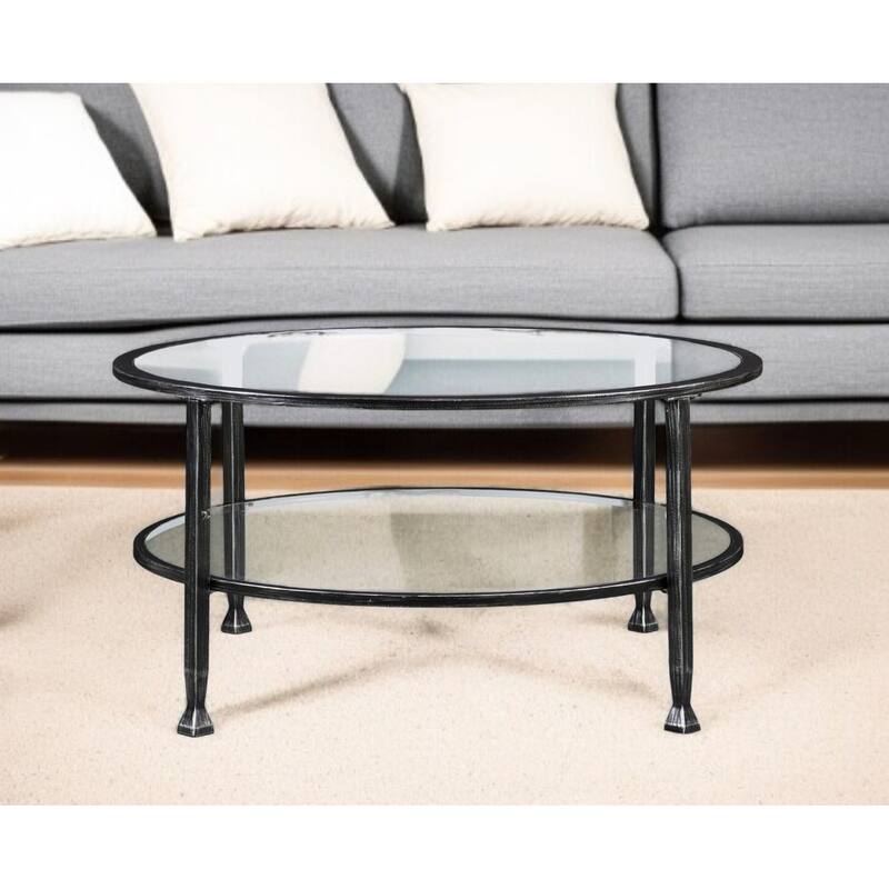 HomeRoots 36" Black Glass And Metal Round Coffee Table - 18" H x 36" W x 36" D - 18" H x 36" W x 36" D - Grey - Glass