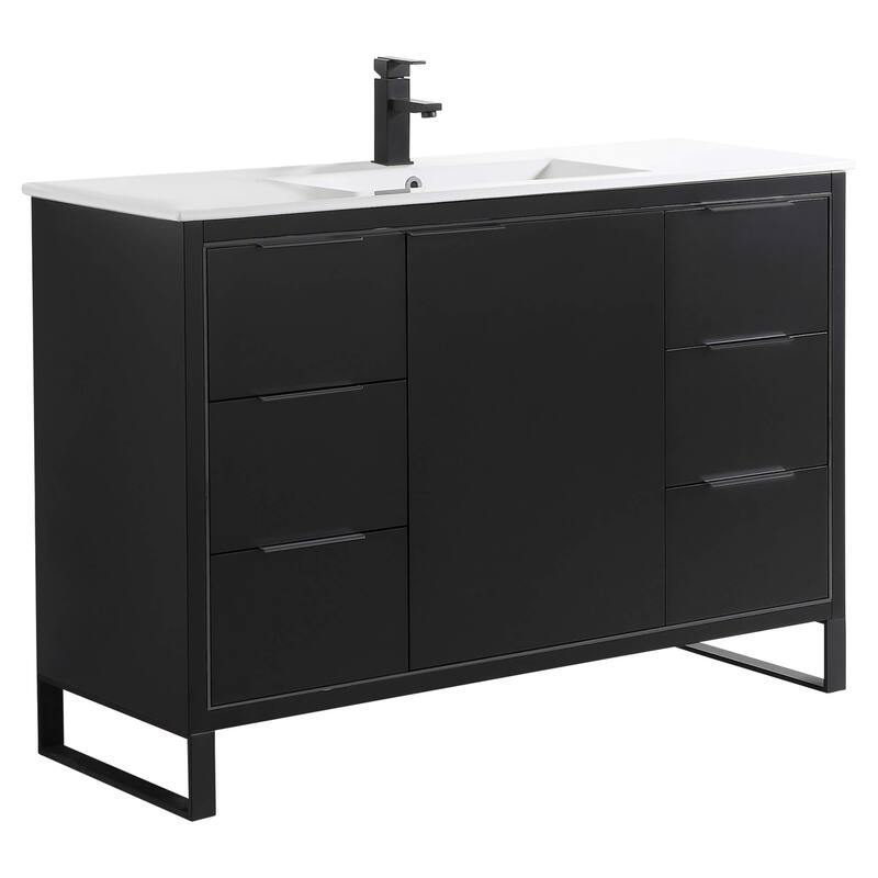 Fine Fixtures Opulence Collection Bathroom Vanity with White Ceramic Sink - 48 Inch - Black Matte - Black Hardware