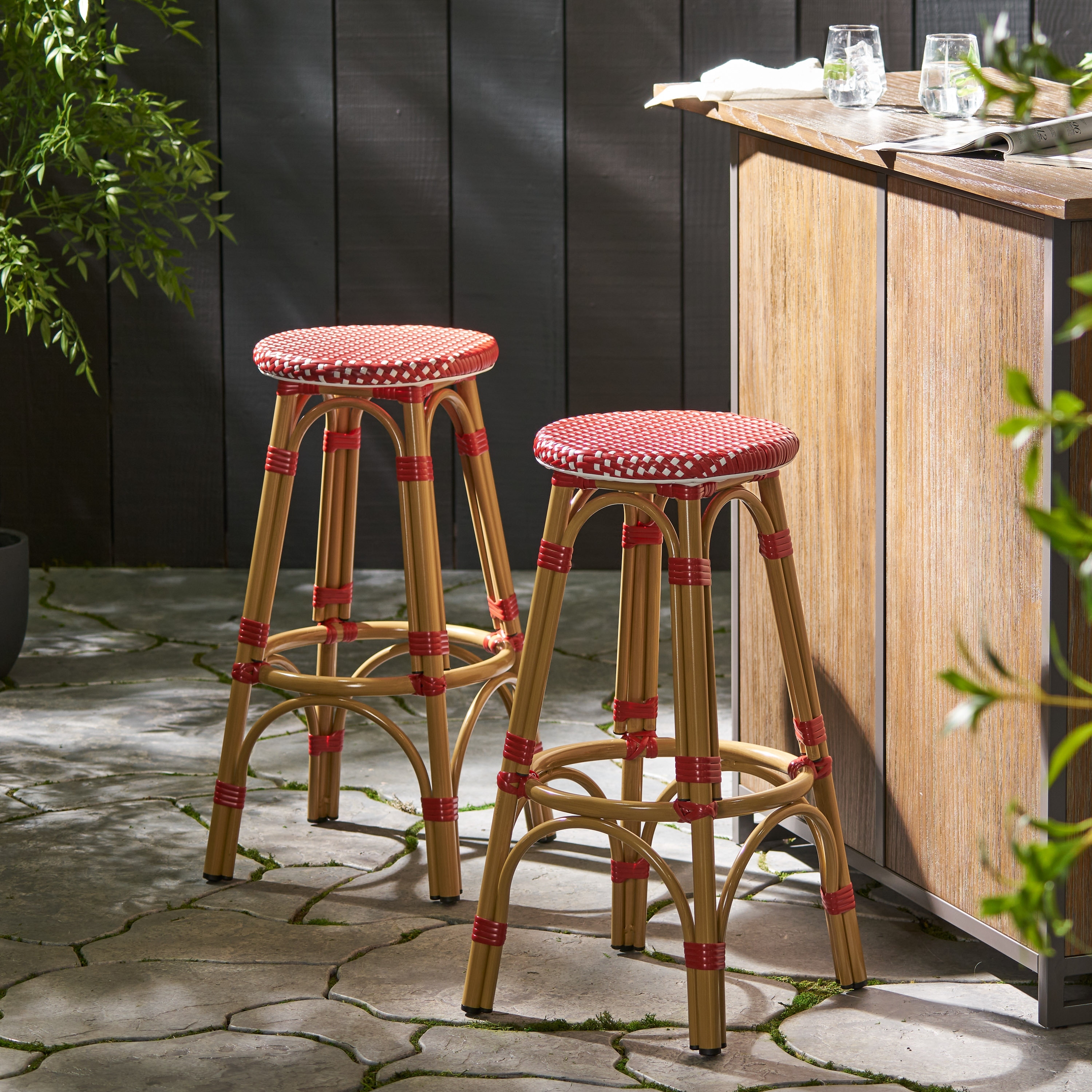 Red Round Bar Stool, Retro Bamboo High Chair, Island Dining Chair